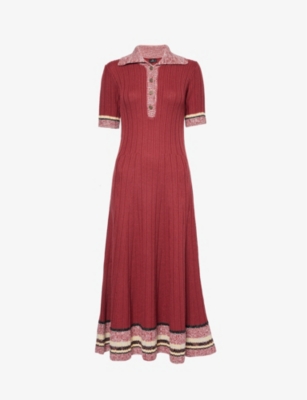 Shop Etro Womens  Striped-trim Short-sleeved Wool And Cotton-blend Knitted Midi Dress In Dark Aubergine