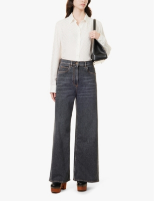 Shop Etro Women's Denim Grigio Medio Brand-patch Wide-leg Mid-rise Stretch-denim Jeans