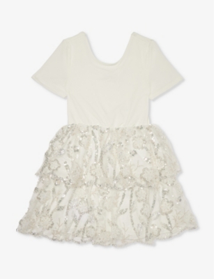 SELF-PORTRAIT: Sequin-embellished ruffled-trim stretch-woven dress 3-12 years