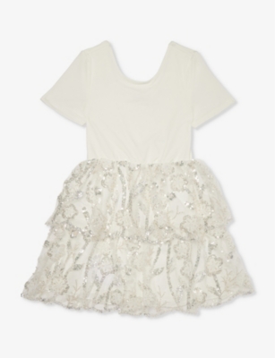 Shop Self-portrait Self Portrait Girls White Kids Sequin-embellished Ruffled-trim Stretch-woven Dress 3-12 Years