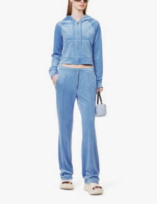 Shop Juicy Couture Women's Washed Blue Denim Tina Rhinestone-embellished Velour Jogging Bottoms