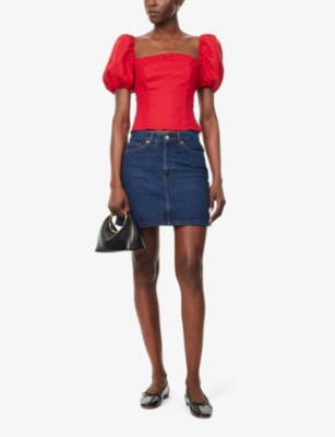 Shop Reformation Women's Huron Lydia Contrast-stitching Organic Denim-blend Mini Skirt