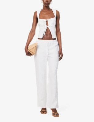 Shop Reformation Womens White Olina Straight-leg High-rise Linen Trousers