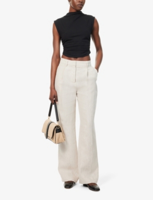 Shop Reformation Womens Oatmeal Alex Wide-leg Mid-rise Linen Trousers