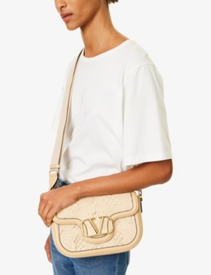 Shop Valentino Womens Sahara Beige Floral-panel Brand-plaque Leather Shoulder Bag