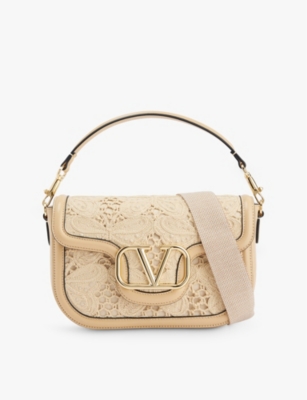 Shop Valentino Womens Sahara Beige Floral-panel Brand-plaque Leather Shoulder Bag