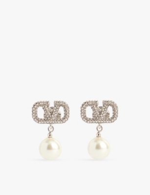 VALENTINO GARAVANI: VLogo crystal-embellished brass and faux-pearl drop earrings