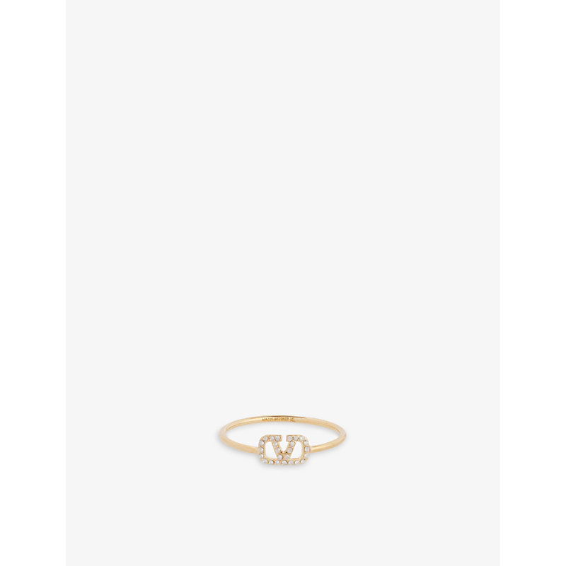 Valentino Garavani Valentino Womens Crystal Silver Shade Logo-embellished Brass Ring