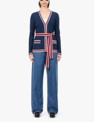 Shop Gucci Women's Blue Mc Mix Brand-embroidered Tie-belt Woven-blend Cardigan