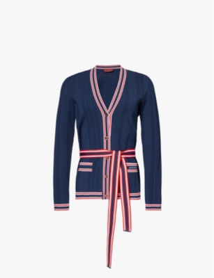 Shop Gucci Women's Blue Mc Mix Brand-embroidered Tie-belt Woven-blend Cardigan