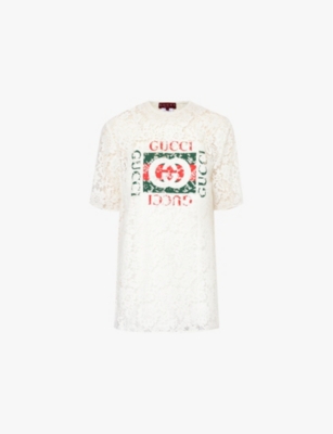GUCCI: Brand-print floral-embroidered woven-blend top