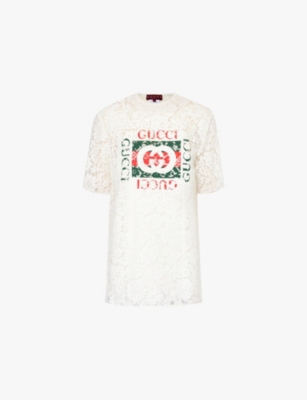 Shop Gucci Womens Brand-print Floral-embroidered Woven-blend Top Off White Mix