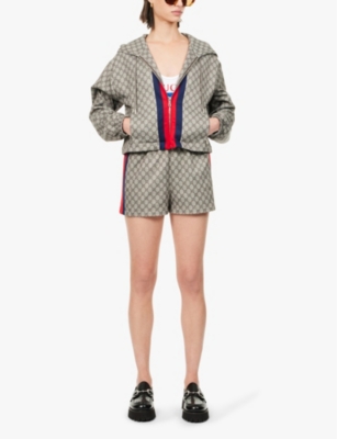 Gucci Womens Beige Ebony Mc Monogram-print Cropped Woven-blend Jacket In Beige Ebony Mc