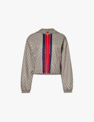 Gucci Womens Beige Ebony Mc Monogram-print Cropped Woven-blend Jacket In Beige Ebony Mc