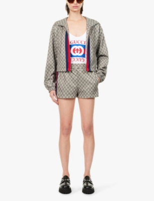 Gucci Womens Beige Ebony Mc Monogram-print Striped-panel Woven-blend Shorts In Beige Ebony Mc
