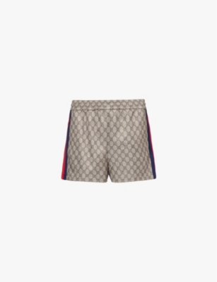 Gucci Womens Beige Ebony Mc Monogram-print Striped-panel Woven-blend Shorts In Beige Ebony Mc