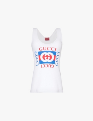 GUCCI: Branded-print ribbed cotton-jersey top