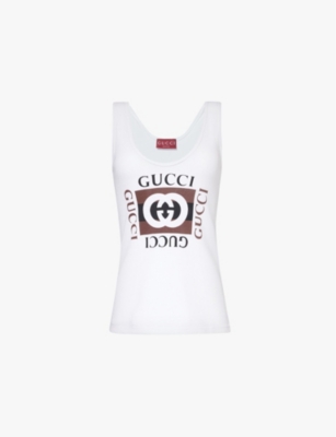 GUCCI: Branded-print ribbed cotton-jersey top