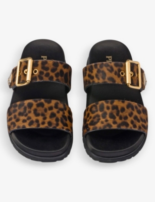 Shop Prada Womens Neutral Leopard-print Buckled Leather Sliders