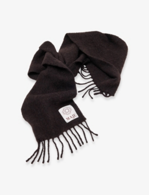 Maje Womens Dark Brown Brand-patch Tassel Alpaca-blend Scarf In Black