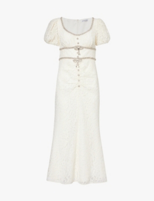 SELF-PORTRAIT: Crystal-embellished puff-sleeve lace midi dress