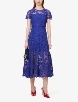 Shop Self-portrait Womens  Floral-embroidered Lace Woven Midi Dress In Blue