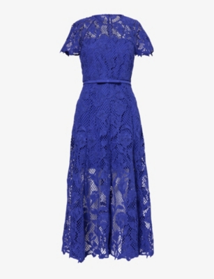Shop Self-portrait Women's Blue Floral-embroidered Lace Woven Midi Dress