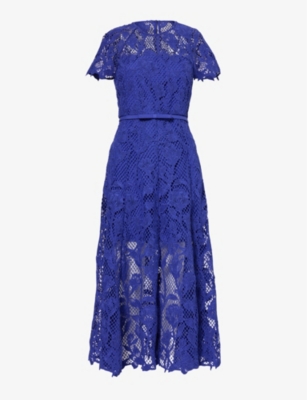 Shop Self-portrait Womens  Floral-embroidered Lace Woven Midi Dress In Blue