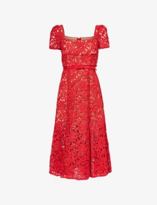 Shop Self-portrait Womens Red Square-neck Belted Floral-lace Midi Dress