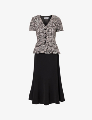 SELF-PORTRAIT: Fringe-hem contrast tailored-bodice woven midi dress