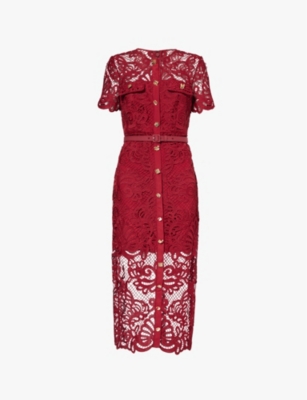 SELF-PORTRAIT: Belted-waist embroidered woven midi dress