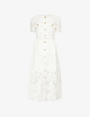 SELF-PORTRAIT: Lace-embroidered flared-hem cotton midi dress