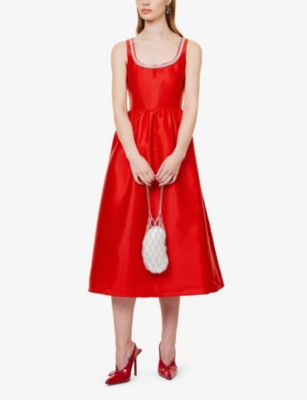 Shop Self-portrait Women's Red Taffeta Gem-embellished Woven Midi Dress