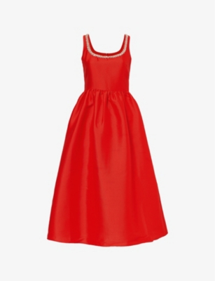 Shop Self-portrait Women's Red Taffeta Gem-embellished Woven Midi Dress