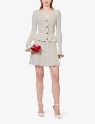Shop Self-portrait Women's White Knitted V-neck Stretch-woven Blend Mini Dress