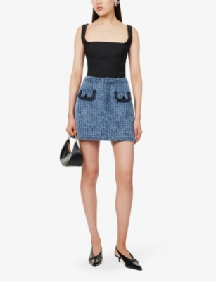 Shop Self-portrait Tex High-rise Stretch-denim Mini Skirt In Blue