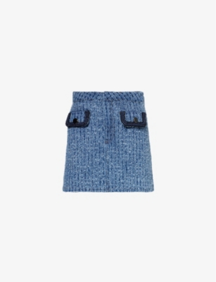 Shop Self-portrait Tex High-rise Stretch-denim Mini Skirt In Blue
