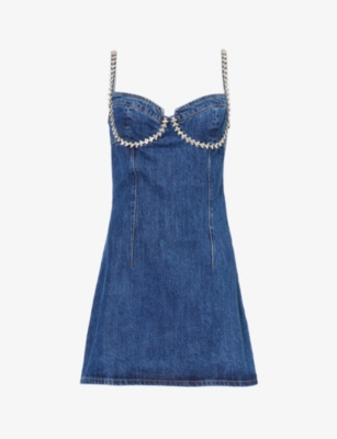 Shop Self-portrait Rhinestone-embellished Sweetheart-neck Denim Mini Dress In Blue