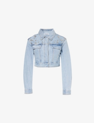 Shop Self-portrait Womens  Cropped Boxy-fit Denim Jacket In Light Blue