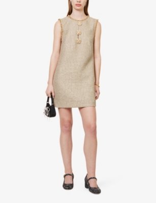 Shop Self-portrait Womens Gold H-line Round-neck Woven-blend Mini Dress