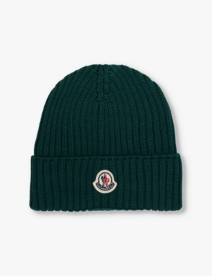 Moncler Boys Medium Green Kids Brand-patch Ribbed Knitted Beanie Hat 4-10 Years