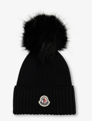 Moncler Boys Black Kids Brand-patch Bobble Wool-knit Beanie Hat 4-10 Years