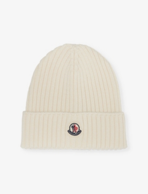 Moncler Boys White Kids Brand-patch Ribbed Wool-knit Beanie Hat 4-10 Years