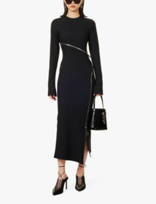 Shop Attico The  Women's Black Flared-cuff Zip-embellished Stretch-woven Midi Dress