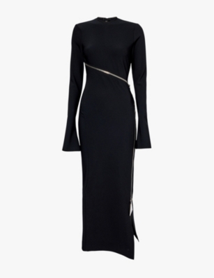 THE ATTICO: Flared-cuff zip-embellished stretch-woven midi dress