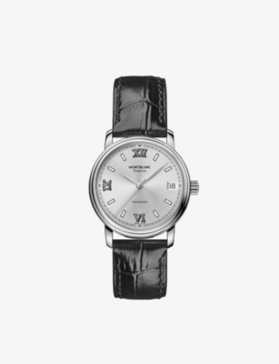 Shop Montblanc 127751  Tradition Date Stainless-steel And Alligator-embossed Leather Automatic Watch In Silver