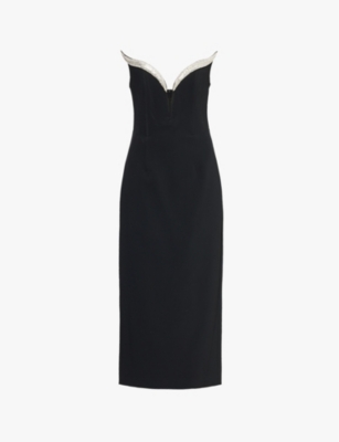 DAVID KOMA WOMENS BLACK/SILVER CRYSTAL-EMBELLISHED JEWEL-NECKLINE STRAPLESS STRETCH-WOVEN MIDI DRESS 