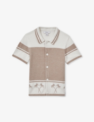 Reiss Kids' Bowler Colour-blocked Velour Shirt 3-14 Years In Taupe/optic Whi