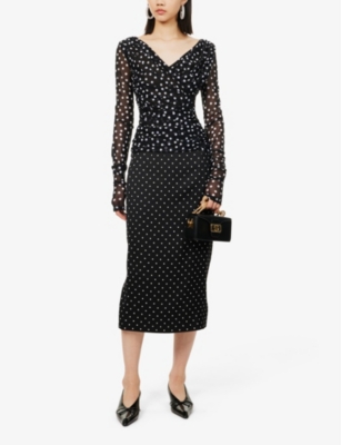 Shop Dolce & Gabbana Women's Pois Picc 0,5 F.nero Polka Dot-print Mid-rise Stretch-silk Midi Skirt