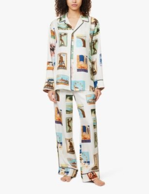 OLIVIA VON HALLE WOMENS YVES GRAPHIC-PRINT SILK-TWILL PYJAMA SET CADMIUS 